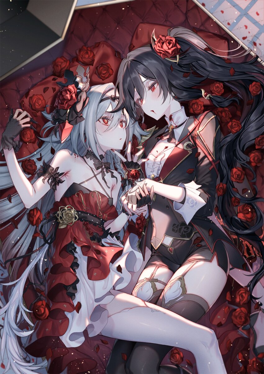2girls arm_garter armpit_crease ascot bare_shoulders between_legs black_ascot black_bow black_choker black_crown black_gloves black_hair black_hairband black_jacket black_ribbon black_sandals black_shorts black_thighhighs blazer blood blood_from_mouth blood_on_breasts blood_on_clothes blood_on_face blood_on_shoulder bow bow_hairband braid breasts bright_pupils buttons center_frills choker coffin commentary_request couple cowboy_shot criss-cross_halter cross cross_brooch cross_print crown double-breasted double-parted_bangs dress earrings empire_waist expressionless eye_contact fingerless_gloves fingernails floral_print flower frills fu_hua fu_hua_(blood_voivode) fu_hua_(shadow_knight) garter_straps gloves grey_hair hair_between_eyes hair_bow hair_flaps hair_flower hair_intakes hair_ornament hairband half_gloves halloween halloween_costume halterneck hand_on_another&#039;s_chin herrscher_of_sentience herrscher_of_sentience_(turn_up_the_music!) high_heel_sandals highres holding_hands honkai_(series) honkai_impact_3rd hoop_earrings in_container jacket jewelry lace lace_choker lapels latin_cross layered_dress legs_together light_blush light_particles long_hair looking_at_another lying mandarin_collar midriff_peek mini_crown multiple_girls nail_polish notched_lapels on_side ouji_fashion parted_lips petals pillow pointed_crown print_dress print_jacket print_sleeves prototype_design red_dress red_eyes red_flower red_nails red_rose red_theme ribbon ribbon_choker rose rose_petals rose_print sandals shade short_dress short_shorts shorts side_braid side_ponytail side_slit sidelocks single_bare_leg single_thighhigh sleeveless sleeveless_dress small_breasts strappy_heels takakura_aki thighhighs thighs thorns three-quarter_sleeves turtleneck unmoving_pattern vampire very_long_hair white_dress white_pupils white_thighhighs yuri zettai_ryouiki