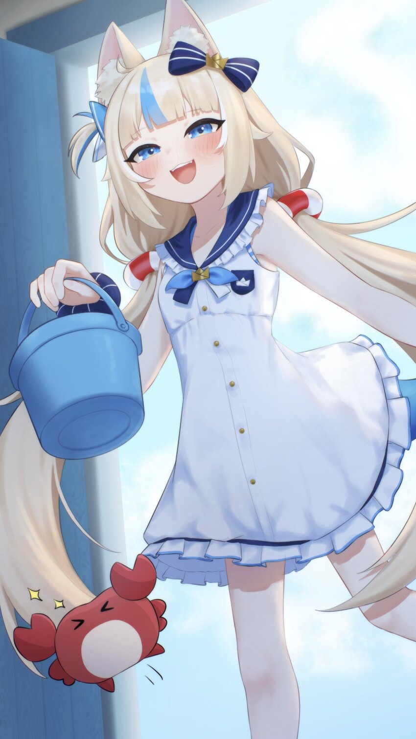 1girl absurdres ahoge aka_tadaima animal_ear_fluff animal_ears blonde_hair blue_bow blue_eyes blue_hair blue_sky bow bucket cat_ears cloud crab dress hair_bow highres holding holding_bucket indie_virtual_youtuber kaniki_(sameko_saba) lifebuoy_hair_ornament long_hair looking_at_viewer low_twintails multicolored_hair one_side_up open_mouth sameko_saba sand_bucket sky sleeveless sleeveless_dress smile solo streaked_hair teeth twintails upper_teeth_only very_long_hair virtual_youtuber white_dress