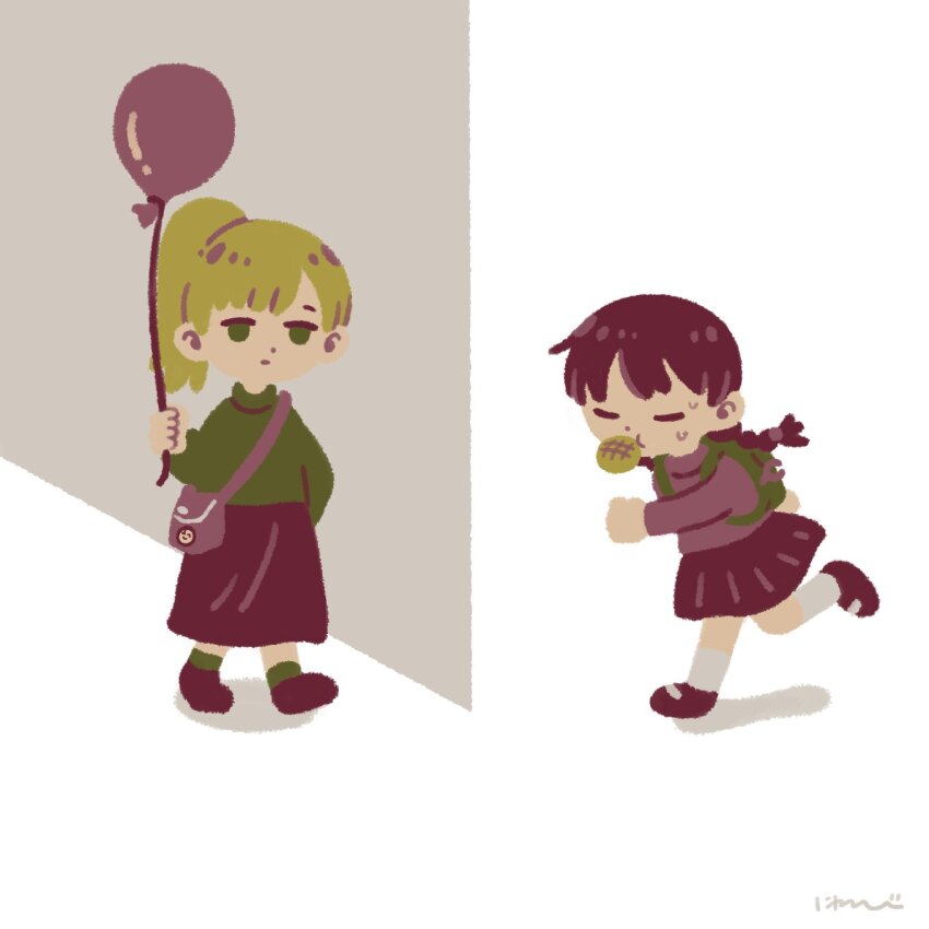 2girls around_corner backpack bag balloon blonde_hair braid bread closed_eyes closed_mouth commentary_request expressionless food food_in_mouth green_bag green_eyes green_socks green_sweater hand_up highres holding holding_balloon kneehighs late_for_school long_hair long_skirt long_sleeves madotsuki mary_janes melon_bread multiple_girls niwasakino_daei pink_sweater poniko ponytail purple_hair purple_skirt running shoes shoulder_bag signature skirt socks sweat sweater turtleneck turtleneck_sweater twin_braids white_background white_socks yume_nikki