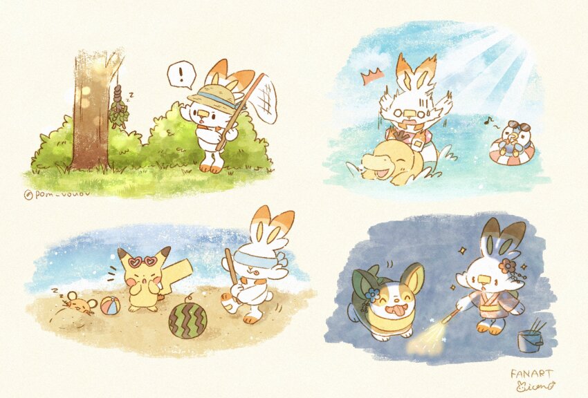 absurdres ball beach beachball blindfold burmy bush clothed_pokemon dedenne flower food fruit game_freak gen_1_pokemon gen_4_pokemon gen_6_pokemon gen_8_pokemon grass hat highres japanese_clothes kimono mian_(user_kwcj2833) nintendo ocean pikachu piplup pokemon pokemon_(creature) psyduck scorbunny splashing sunglasses tree watermelon yamper