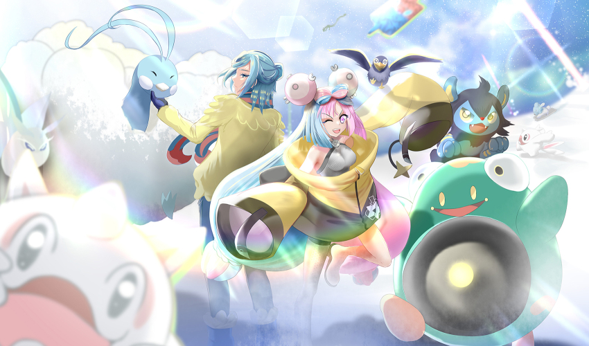 1boy 1girl ;d altaria bellibolt breasts cetoddle closed_mouth commentary cubchoo frosmoth gen_3_pokemon gen_4_pokemon gen_5_pokemon gen_8_pokemon grey_shirt grusha_(pokemon) highres iono_(pokemon) jacket kibi_(anycity) leg_up long_hair luxio medium_breasts mittens multicolored_hair nintendo one_eye_closed open_mouth pink_eyes pink_hair pokemon pokemon_(creature) pokemon_sv rotom rotom_phone scarf shirt sleeveless sleeveless_shirt smile standing striped_clothes striped_scarf twintails two-tone_hair wattrel yellow_jacket