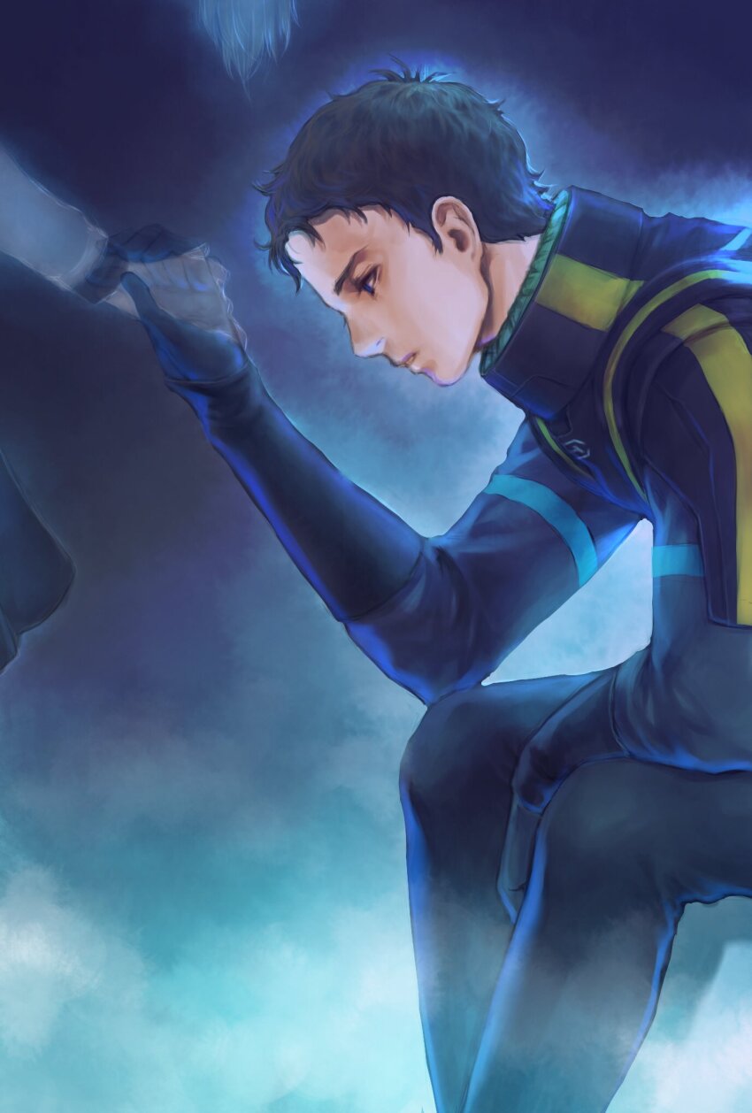 1boy 1girl black_eyes black_hair blue_background from_side ghost gundam gundam_hathaway&#039;s_flash hathaway_noa highres holding_hands looking_down mecha_pilot_suit newtype_flash parted_lips profile quess_paraya short_hair simple_background sitting takeda_yuuko