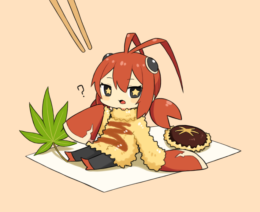1girl ? antenna_hair black_eyes black_pants blush_stickers chibi chibi_only chopsticks commentary_request derurago food-themed_clothes full_body hair_between_eyes hand_up highres lobster_girl long_sleeves low_twintails medium_hair mushroom open_mouth original pants red_footwear red_hair shiitake sidelocks simple_background sitting sleeves_past_fingers sleeves_past_wrists solo star-shaped_pupils star_(symbol) sweater symbol-shaped_pupils turtleneck turtleneck_sweater twintails yellow_background yellow_pupils yellow_sweater