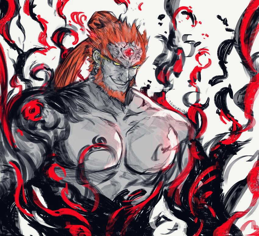 1boy abs artist_name bara bare_shoulders beard commentary ear_piercing earrings english_commentary evil_smile facial_hair fire ganondorf gem highres jewelry limited_palette long_hair looking_ahead male_focus mature_male multiple_earrings nintendo pectorals piercing ponytail red_facial_hair red_gemstone red_hair rehydrated_ganondorf simple_background sketch smile solo teeth the_legend_of_zelda the_legend_of_zelda:_tears_of_the_kingdom topless_male upper_body white_background yellow_eyes yourfreakyneighbourh