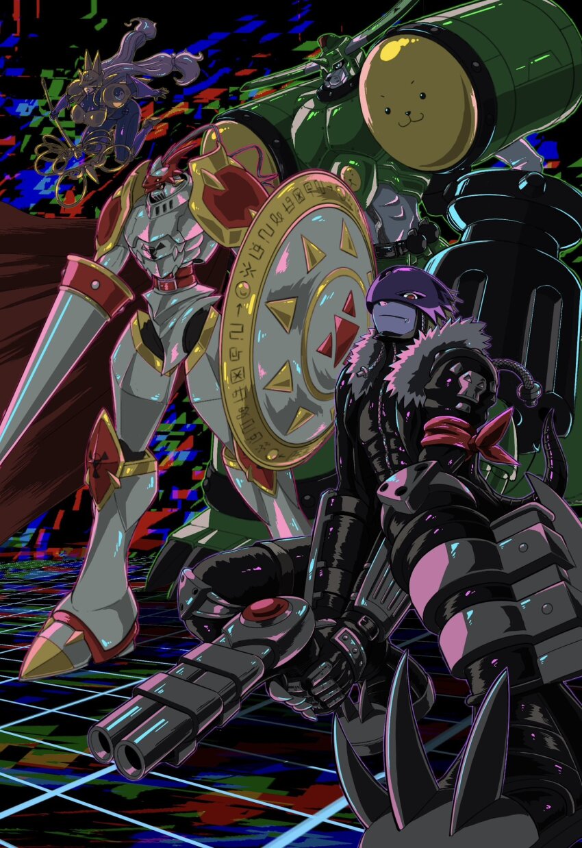 1girl 3boys armor asymmetrical_dual_wielding bandana_around_arm beelzebumon black_bodysuit black_jacket black_pants black_shirt blonde_hair bodysuit cropped_jacket digimon digimon_(creature) digimon_tamers dual_wielding dukemon fang gold_armor green_armor grey_hair group_picture gun highres holding holding_gun holding_polearm holding_weapon jacket lance long_hair mas_square multiple_boys pants polearm red_eyes saintgalgomon sakuyamon shield shirt short_hair third_eye weapon white_armor