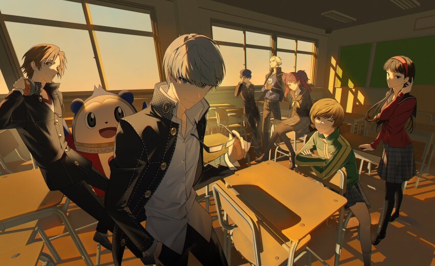 1arutan 4boys 4girls :d absurdres against_desk amagi_yukiko belt black_eyes black_hair black_jacket black_pants black_pantyhose black_shoes blonde_hair brown_eyes brown_hair buttons cardigan classroom closed_mouth collared_shirt commentary crossed_arms desk evening green_jacket grey_eyes grey_hair grey_skirt hairband hanamura_yousuke hand_in_own_hair headphones headphones_around_neck highres holding holding_removed_eyewear houndstooth indoors jacket kujikawa_rise kuma_(persona_4) legs_apart long_hair long_sleeves looking_at_viewer multiple_boys multiple_girls narukami_yu neckerchief on_chair on_desk one_eye_closed open_clothes open_jacket open_mouth pants pantyhose persona persona_4 pleated_skirt print_shirt red_cardigan red_hairband satonaka_chie school_desk school_uniform serafuku shirogane_naoto shirt shoes short_hair sitting sitting_backwards skirt skull_print smile socks standing t-shirt tatsumi_kanji track_jacket turtleneck turtleneck_jacket unworn_eyewear very_short_hair white_shirt white_socks window yasogami_school_uniform yellow_neckerchief