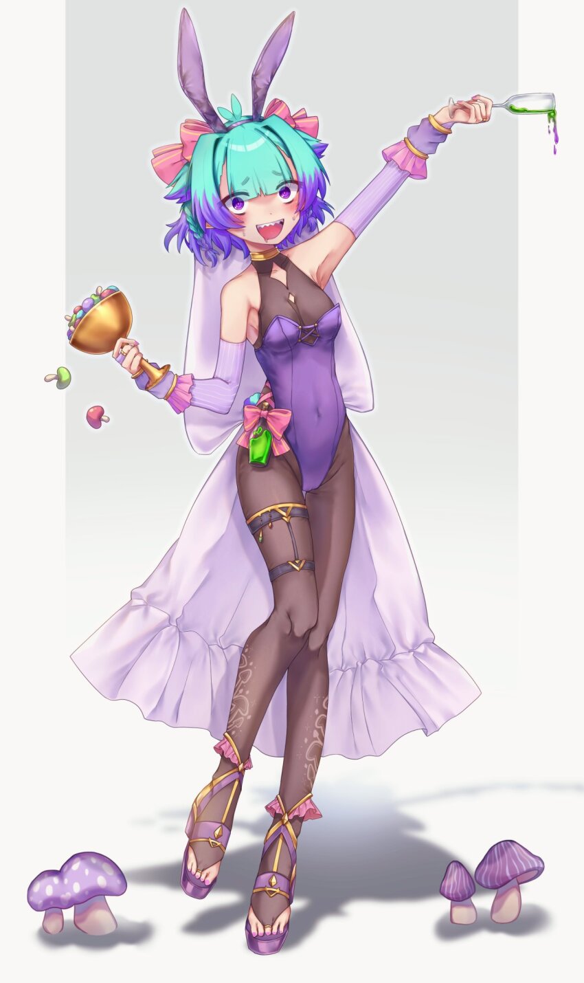 1girl animal_ears bare_shoulders blunt_bangs blush breasts bridal_gauntlets bridal_legwear chalice commentary_request covered_navel cup drinking_glass fake_animal_ears fate/grand_order fate_(series) fingerless_gloves food_print gloves green_hair highres holding holding_cup kibinago_(kibinago614) locusta_(fate) looking_at_viewer multicolored_hair mushroom mushroom_print open_mouth pink_nails purple_eyes purple_gloves purple_hair sharp_teeth short_hair sleeveless_bodystocking small_breasts smile solo teeth two-tone_hair upper_teeth_only white_background wine_glass