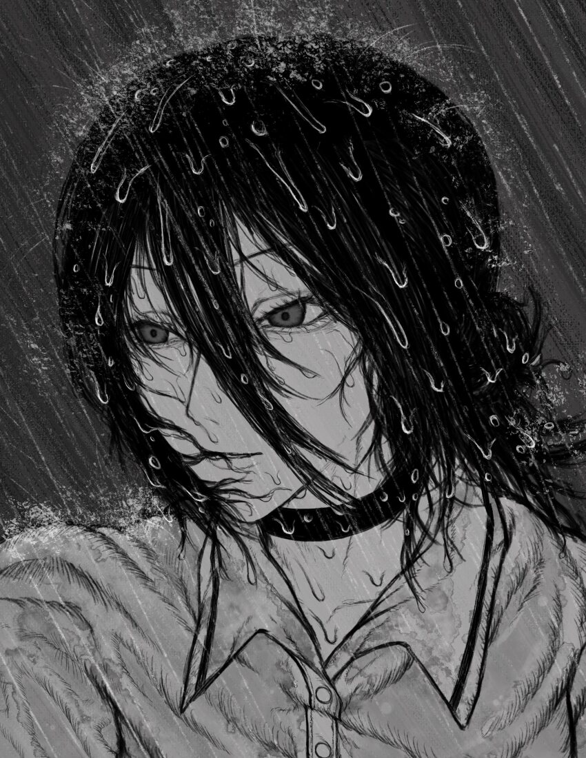 1girl absurdres chainsaw_man choker greyscale hair_between_eyes highres monochrome otataru0806 outdoors polo_shirt rain reze_(chainsaw_man) solo wet wet_hair