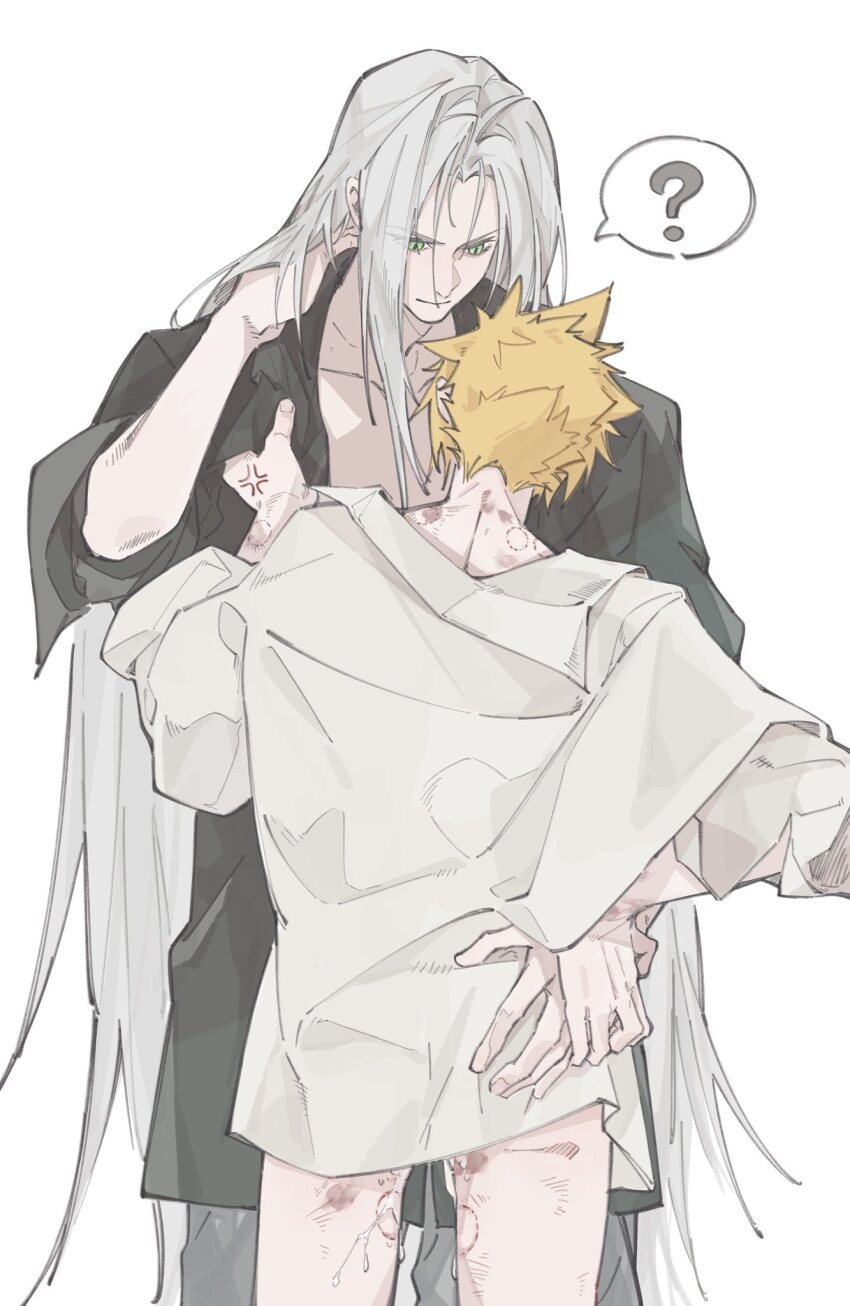 2boys ? absurdly_long_hair aftersex arm_up bite_mark bite_mark_on_neck bite_mark_on_thigh black_pants black_shirt blonde_hair bottomless bruise bruise_on_arm bruise_on_leg bruise_on_neck closed_mouth cloud_strife collared_shirt commentary cum cum_on_body cum_on_legs final_fantasy final_fantasy_vii green_eyes hand_on_another&#039;s_hip hand_on_own_neck highres injury long_hair looking_at_another male_focus mgt_85363 multiple_boys open_clothes open_shirt pants sephiroth shirt simple_background slit_pupils smile speech_bubble spiked_hair spoken_question_mark symbol-only_commentary very_long_hair white_background white_hair white_shirt yaoi