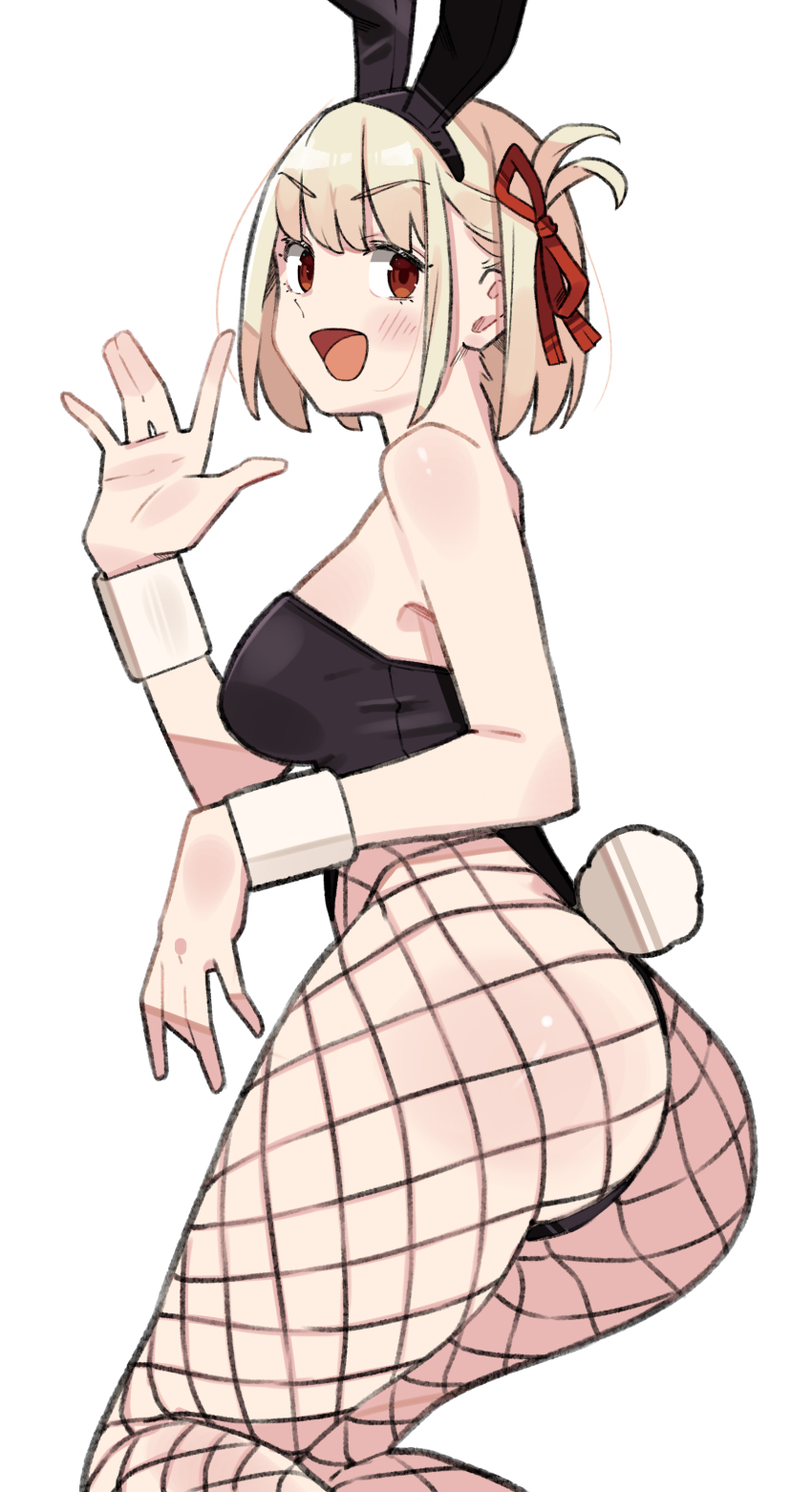 1girl :d absurdres animal_ear_hairband animal_ears ass black_leotard breasts fake_animal_ears fishnet_pantyhose fishnets hairband hand_up highres leotard looking_at_viewer lycoris_recoil medium_breasts nishikigi_chisato open_mouth pantyhose playboy_bunny rabbit_ear_hairband rabbit_ears rabbit_tail red_eyes red_ribbon ribbon sattinittas simple_background smile solo tail white_background wrist_cuffs