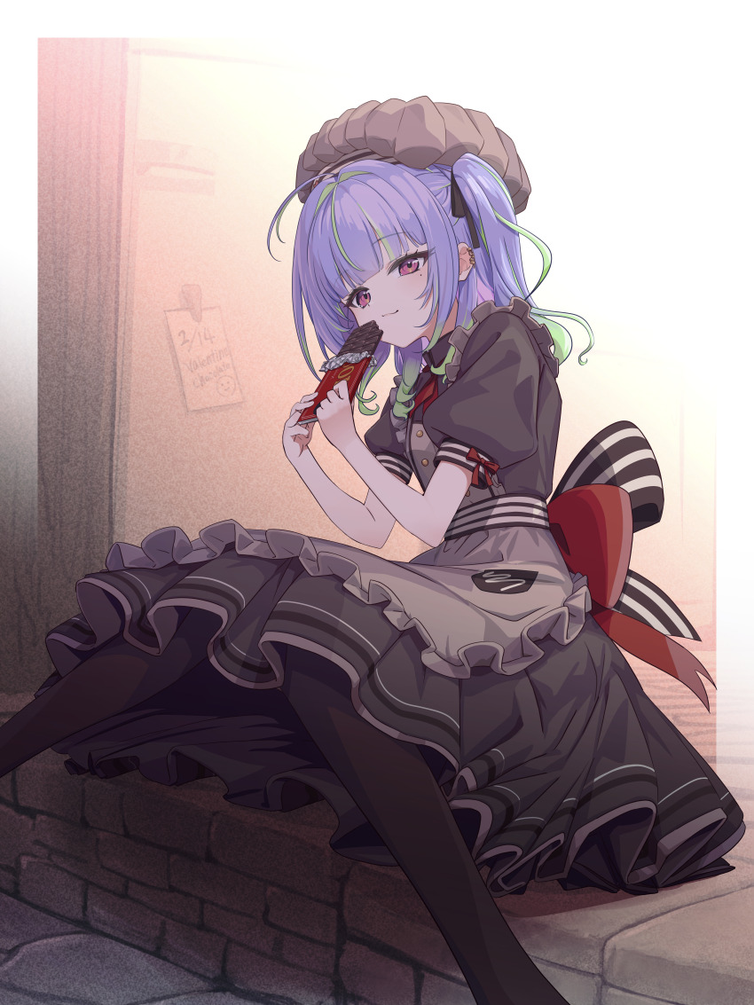 1girl absurdres ahoge alternate_costume apron back_bow black_pantyhose blue_hair bow brick candy chocolate chocolate_bar closed_mouth dress feet_out_of_frame food frilled_apron frilled_dress frills green_hair grey_apron grey_dress grey_hat hat highres looking_at_viewer medium_hair mob_cap mole mole_under_eye multicolored_hair nanashi_inc. ougimaneki pantyhose pink_eyes puffy_short_sleeves puffy_sleeves red_bow short_sleeves sitting smile solo suzumi_nemo two-tone_hair two_side_up variant_set virtual_youtuber