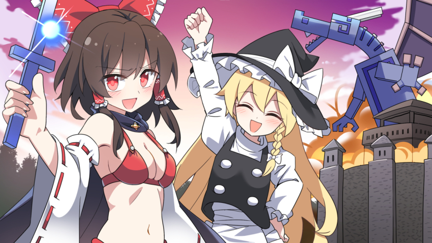 2girls alternate_costume apron bikini black_vest blonde_hair blush bow braid breasts brown_hair cape cleavage closed_eyes commentary_request detached_sleeves dragon e.o. fire frilled_bow frilled_hair_tubes frills hair_bow hair_tubes hakurei_reimu hat hat_bow holding holding_sword holding_weapon kirisame_marisa long_hair long_sleeves looking_at_viewer multiple_girls navel open_mouth red_bikini red_bow red_eyes ribbon-trimmed_sleeves ribbon_trim side_braid single_braid smile stomach swimsuit sword touhou vest waist_apron weapon white_bow witch_hat
