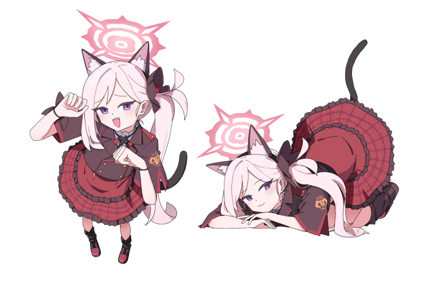 1girl adon_(dufaladanidu) animal_ears black_footwear black_jacket blue_archive cat_ears cat_tail closed_mouth fake_animal_ears fake_tail flower grey_hair hair_flower hair_ornament halo jacket long_hair multiple_views mutsuki_(blue_archive) open_mouth paw_pose purple_eyes red_halo red_skirt side_ponytail simple_background skirt smile standing tail top-down_bottom-up very_long_hair white_background