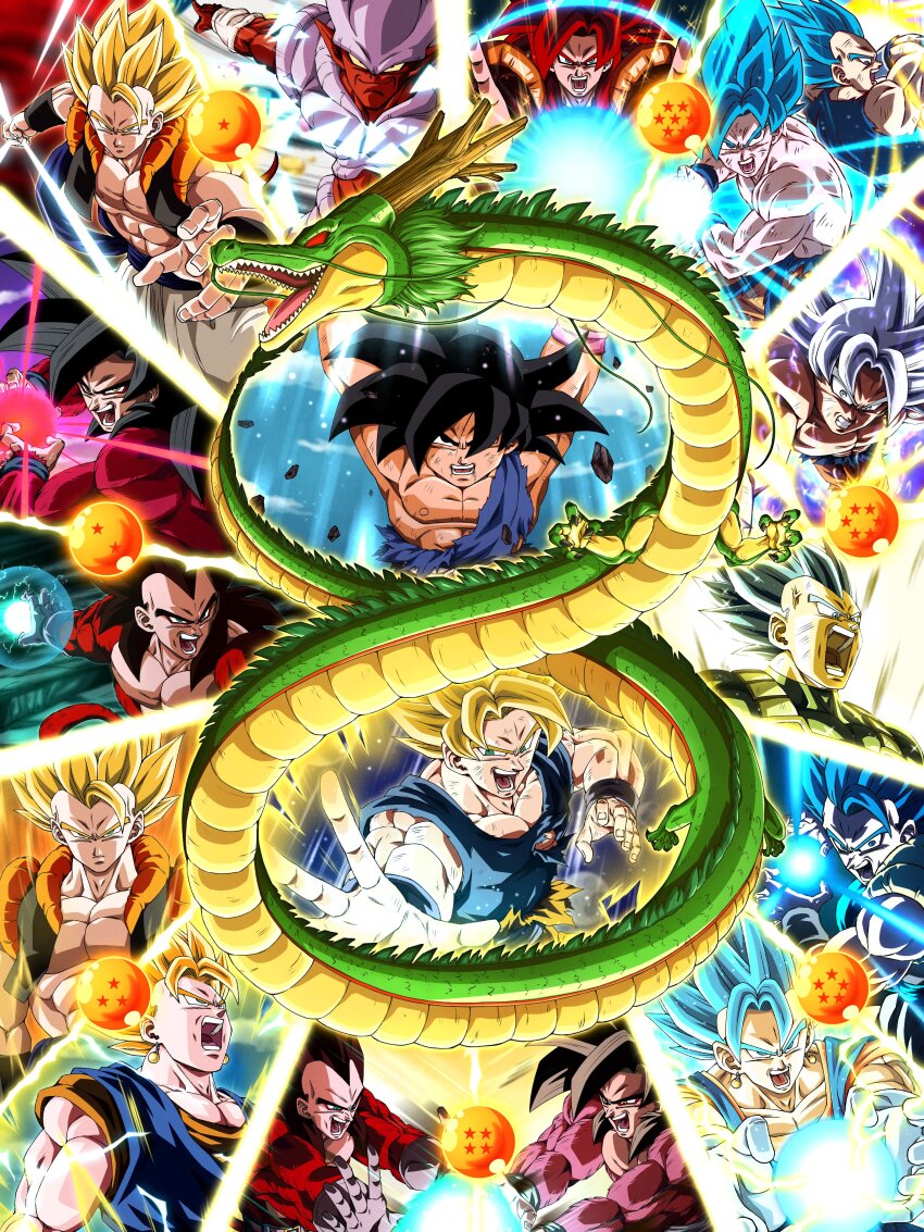 absurdres aura big_bang_kamehameha black_hair blue_eyes dougi dragon_ball dragon_ball_(object) dragon_ball_gt dragon_ball_super dragon_ball_super_broly dragon_ball_z_dokkan_battle dragonball_z earrings energy_ball genki_dama gloves gogeta highres janemba jewelry kamehameha_(dragon_ball) looking_at_viewer male_focus monkey_boy monkey_tail multiple_boys muscular muscular_male open_mouth pants potara_earrings shenron_(dragon_ball) shirt son_goku spiked_hair super_saiyan super_saiyan_4 super_saiyan_blue tail teeth topless_male torn_clothes vegeta wai_(y48754085) white_gloves