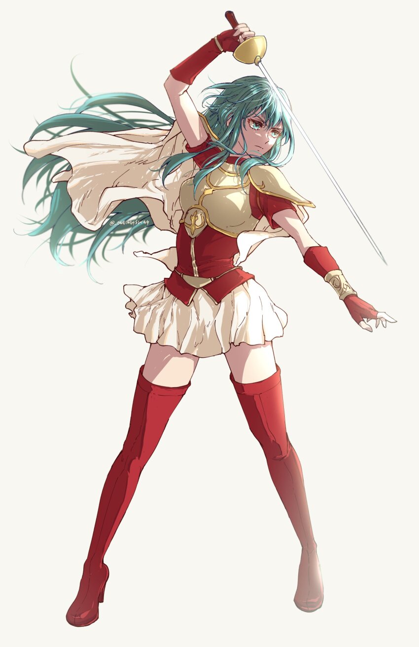 1girl absurdres aqua_eyes aqua_hair arm_up armor boots bracelet breastplate closed_mouth eirika_(fire_emblem) fingerless_gloves fire_emblem fire_emblem:_the_sacred_stones full_body gloves hair_between_eyes highres holding holding_sword holding_weapon jewelry long_hair looking_to_the_side nintendo pauldrons rapier red_boots red_gloves red_shirt shirt short_sleeves shoulder_armor sidelocks skirt solo sword thigh_boots thighhighs twitter_username umi_(_oneinchswing) weapon white_background white_skirt zettai_ryouiki