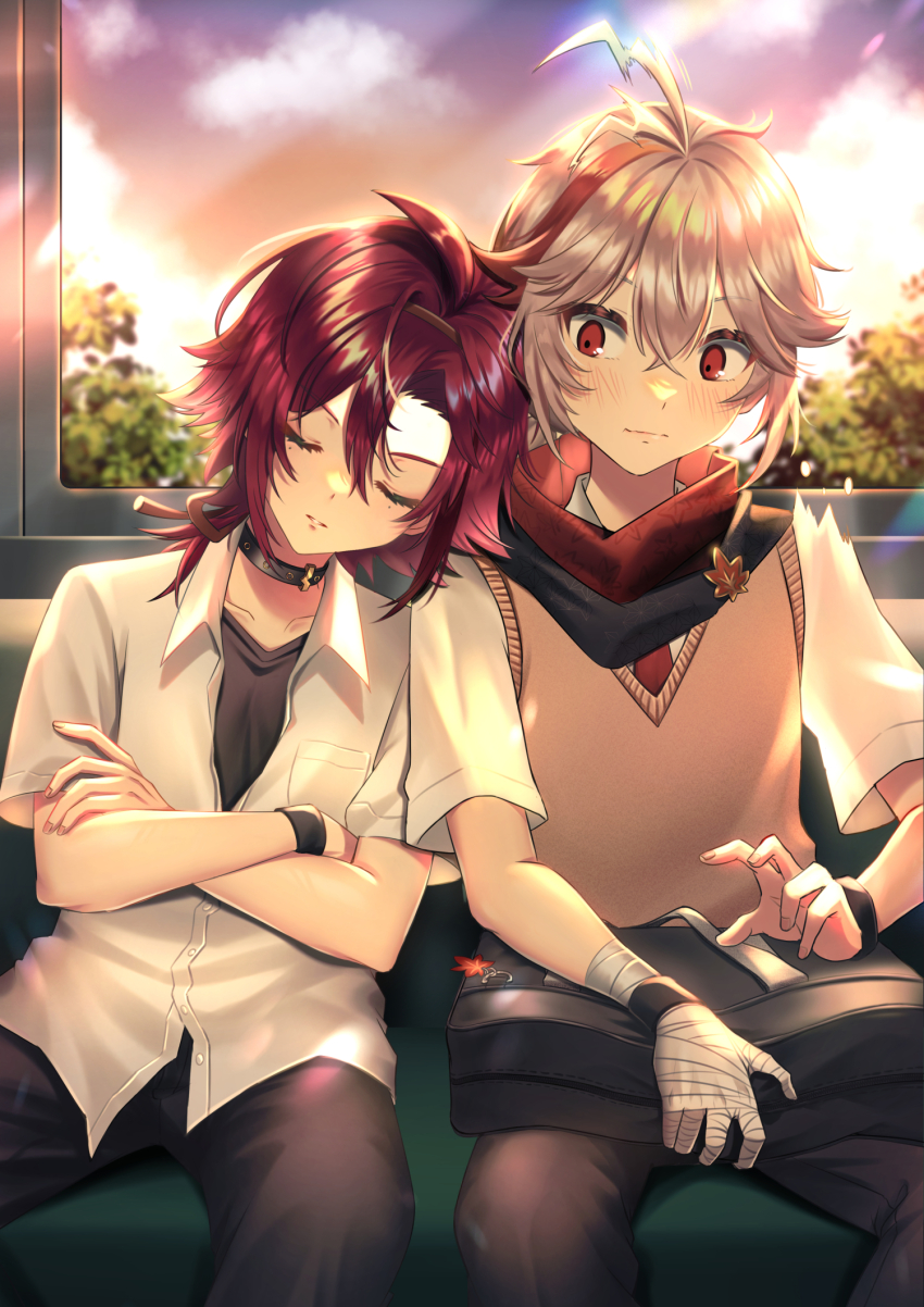 2boys bag bandaged_hand bandages black_bag black_pants black_shirt brown_vest bus_interior closed_eyes closed_mouth crossed_arms genshin_impact grey_hair hair_between_eyes highres kaedehara_kazuha kuro_tsubasa long_hair male_focus multicolored_hair multiple_boys necktie pants red_eyes red_hair red_necktie shikanoin_heizou shirt short_hair sitting streaked_hair sunset sweater_vest vest white_hair white_shirt
