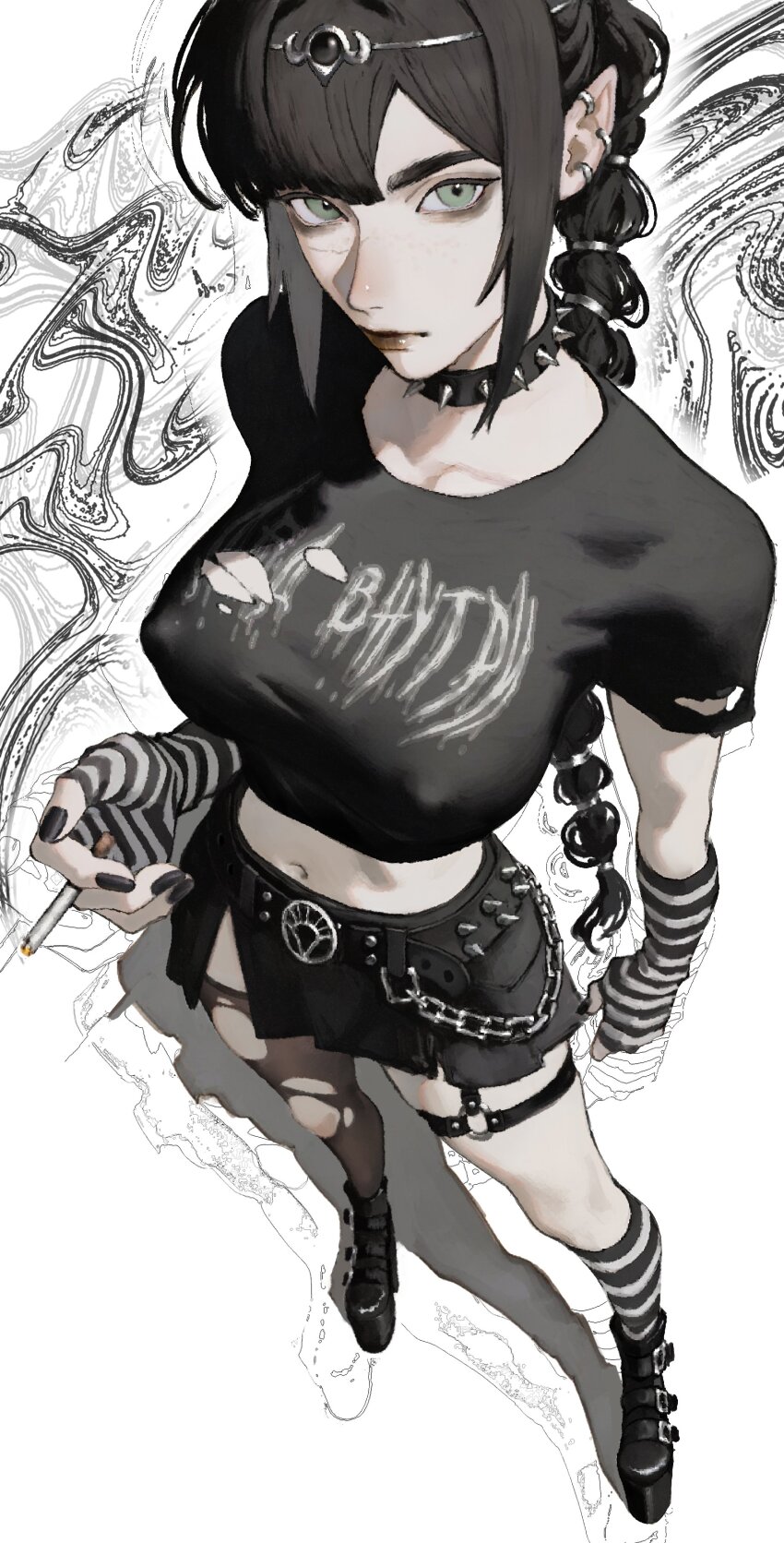 1girl absurdres asymmetrical_legwear baldur&#039;s_gate baldur&#039;s_gate_3 black_hair black_shirt boots braid breasts choker cigarette covered_erect_nipples dungeons_&amp;_dragons dungeons_&amp;_dragons earrings elf fingerless_gloves from_above gloves goth_fashion green_eyes highres jewelry lapefamm long_hair looking_at_viewer medium_breasts pointy_ears shadowheart_(baldur&#039;s_gate) shirt simple_background solo spiked_choker spikes striped_clothes thighhighs torn_clothes torn_shirt torn_thighhighs very_long_hair white_background