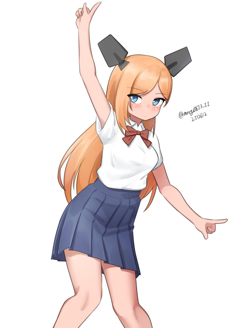 1girl absurdres alternate_costume blue_eyes blue_skirt bow bowtie collared_shirt dress_shirt feet_out_of_frame headgear highres index_finger_raised kantai_collection long_hair looking_at_viewer maru_(marg0613) orange_hair pleated_skirt red_bow red_bowtie salmon_(kancolle) school_uniform shirt simple_background skirt smile solo standing white_background white_shirt