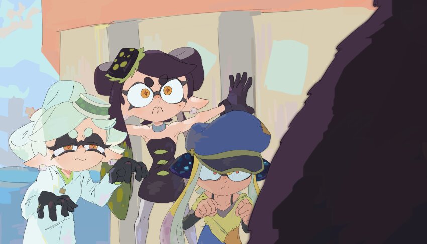 +_+ 1boy 3girls absurdres agent_3_(splatoon) angry animal armpits asymmetrical_hair bare_arms bare_shoulders bear black_hair black_jumpsuit blue_hat bow-shaped_hair callie_(alterna)_(splatoon) callie_(splatoon) captain_3_(splatoon) cel_shading choker claw_pose clenched_hands collarbone dress earrings fighting_stance food food_on_head frown gradient_hair grey_pantyhose half-closed_eyes hat highres idol inkling jacket jewelry jumpsuit long_eyelashes long_hair mangedugruau marie_(alterna)_(splatoon) marie_(splatoon) mole mole_under_eye mr._grizz_(splatoon) multicolored_hair multiple_girls narrow_waist nintendo object_on_head outstretched_arms pantyhose parody patchwork_clothes peaked_cap short_hair short_jumpsuit splatoon_(series) splatoon_3 spread_arms squidbeak_splatoon staring strapless strapless_dress sushi tentacle_hair thick_eyebrows turning_red very_long_hair white_hair white_jacket yellow_eyes