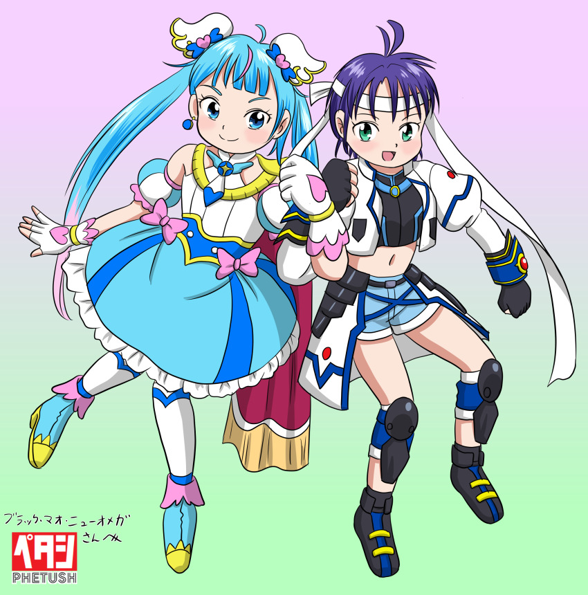 2girls aged_down ahoge belt black_belt black_footwear black_gloves black_shirt blue_bow blue_dress blue_eyes blue_footwear blue_hair blue_shorts blush bow color_connection crossover cure_sky denim denim_shorts detached_sleeves dress earrings fingerless_gloves genre_connection gloves gradient_background green_background green_eyes hair_bow hair_ornament headband heart heart_hair_ornament highres hirogaru_sky!_precure jacket jewelry knee_pads long_hair long_sleeves looking_at_viewer lyrical_nanoha magical_girl mahou_shoujo_lyrical_nanoha_strikers marup midriff multicolored_hair multiple_girls navel neckerchief open_mouth pink_bow pink_hair precure purple_background shirt shoes short_hair short_sleeves shorts single_earring sleeveless sleeveless_dress smile sora_harewataru standing streaked_hair subaru_nakajima thighhighs twintails two-tone_background white_gloves white_jacket white_neckerchief white_thighhighs wing_hair_ornament
