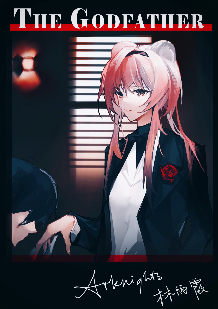 1girl 1other absurdres ambiguous_gender animal_ears arknights bad_id bad_pixiv_id black_border black_hair black_hairband black_jacket black_neckwear border boutonniere bow bowtie chinese_commentary commentary commentary_request copyright_name english_commentary english_text flower formal_clothes hairband highres indoors jacket kiss kissing_hand lin_(arknights) long_hair long_sleeves mixed-language_commentary mouse_ears parted_lips pink_eyes pink_hair red_flower red_rose rose scarlett_0125 shirt suit the_godfather translation_request white_shirt