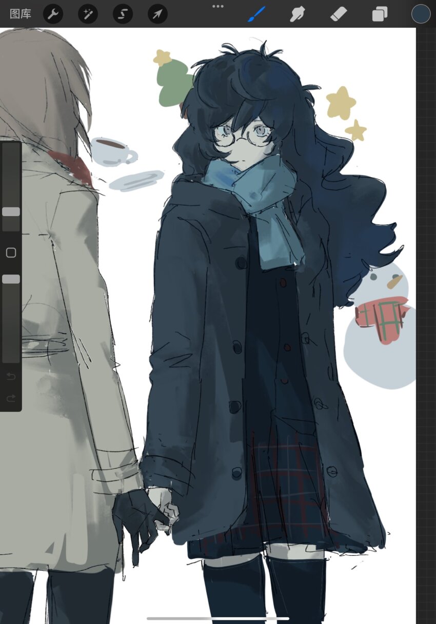 2girls akechi_gorou amamiya_ren art_program_in_frame back back_focus black_gloves black_hair brown_coat brown_hair closed_mouth coat emoji from_behind glasses gloves grey_coat grey_eyes hand_grab highres long_hair looking_at_another medium_hair messy_hair multiple_girls pale_skin persona persona_5 plaid_clothes plaid_skirt pleated_skirt procreate_(software) scarf school_uniform shuujin_academy_school_uniform skirt star_(symbol) sweater thighhighs thighs user_interface wuzeiyu
