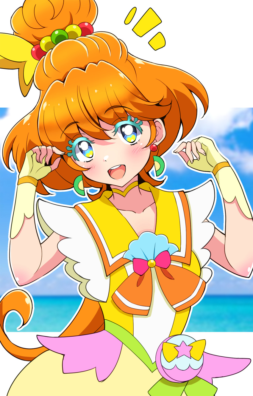 1girl blue_eyes blue_sky choker cloud cloudy_sky colored_eyelashes commentary cure_papaya day dress earrings fingerless_gloves gloves hair_bobbles hair_ornament head_tilt heart heart_in_eye highres ichinose_minori jewelry kaatsu_katsurou long_hair looking_at_viewer magical_girl multicolored_eyes neckerchief notice_lines ocean orange_hair orange_neckerchief outdoors pouch precure sailor_collar shell_brooch sky sleeveless sleeveless_dress solo symbol_in_eye tropical-rouge!_precure w_arms yellow_choker yellow_dress yellow_eyes yellow_gloves yellow_sailor_collar