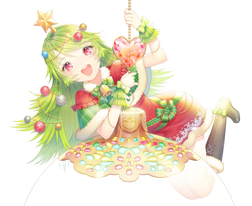 1girl :d bauble beads bell black_boots boots bow bowtie capelet christmas christmas_ornaments dress female_focus full_body fur_trim green_bow green_bowtie green_hair hair_ornament heart holding jewelry lace-up_boots long_hair looking_at_viewer open_mouth original plaid red_dress red_eyes ribbon ribbon-trimmed_clothes ribbon_trim saban simple_background smile solo star_(symbol) striped_bow striped_bowtie striped_clothes striped_neckwear striped_ribbon swept_bangs teeth white_background wrist_cuffs