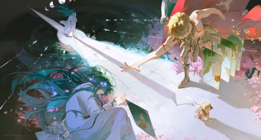 1boy 1other androgynous arabian_clothes blonde_hair enkidu_(fate) fate/grand_order fate_(series) genren_jiu_qu gilgamesh_(fate) green_hair highres long_hair other_with_male robe toga white_robe