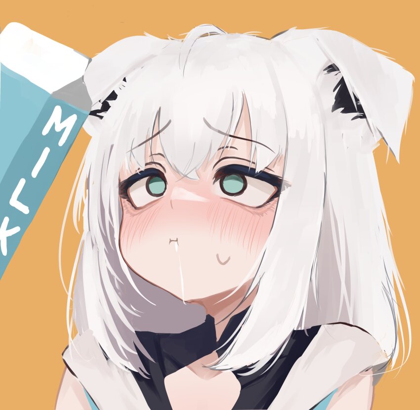 1girl absurdres ahoge animal_ear_fluff animal_ears aqua_eyes black_shirt blush commentary constricted_pupils drinking dripping droopy_ears empty_eyes english_commentary expressive_hair eyelashes fox_ears fox_girl full_mouth hair_between_eyes highres hololive long_hair lucien_000298 milk milk_carton nose_blush orange_background portrait raised_eyebrows sexually_suggestive shirakami_fubuki shirt sick sidelocks sleeveless sleeveless_shirt solo suggestive_fluid sweatdrop uncomfortable virtual_youtuber white_hair white_shirt