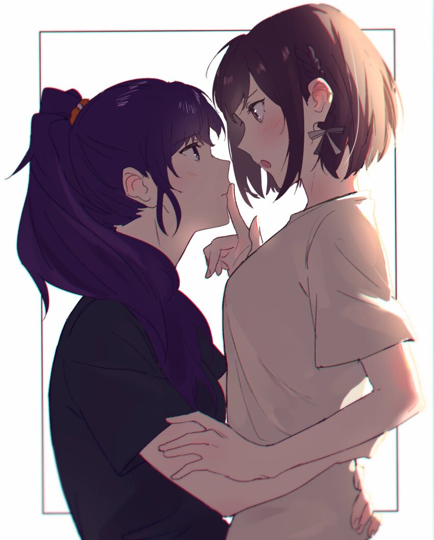 2girls :o arms_around_waist asahina_mafuyu black_ribbon black_shirt blue_eyes blush brown_eyes brown_hair closed_mouth commentary_request eye_contact face-to-face finger_to_another&#039;s_mouth grey_ribbon grey_shirt hair_over_shoulder hair_ribbon hair_tie hand_on_another&#039;s_arm hand_up hands_on_another&#039;s_back high_ponytail highres hug inset_border kamo_(kraw3887) long_hair looking_at_another multiple_girls open_mouth ponytail project_sekai purple_hair ribbon shinonome_ena shirt short_braid short_hair short_sleeves sidelighting sidelocks two-tone_ribbon upper_body white_background yuri