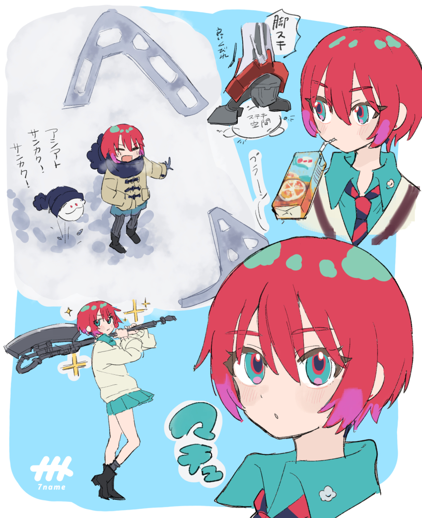 1girl amate_yuzuriha aqua_eyes aqua_skirt axe closed_eyes closed_mouth coat drink drinking_straw gquuuuuux gundam gundam_gquuuuuux haro hat heat_hawk highres holding holding_axe holding_weapon long_sleeves looking_at_viewer mechanical_legs naname_(7name) necktie open_mouth red_hair scarf school_uniform shirt short_hair single_mechanical_leg skirt smile snow sweater weapon winter winter_clothes winter_coat