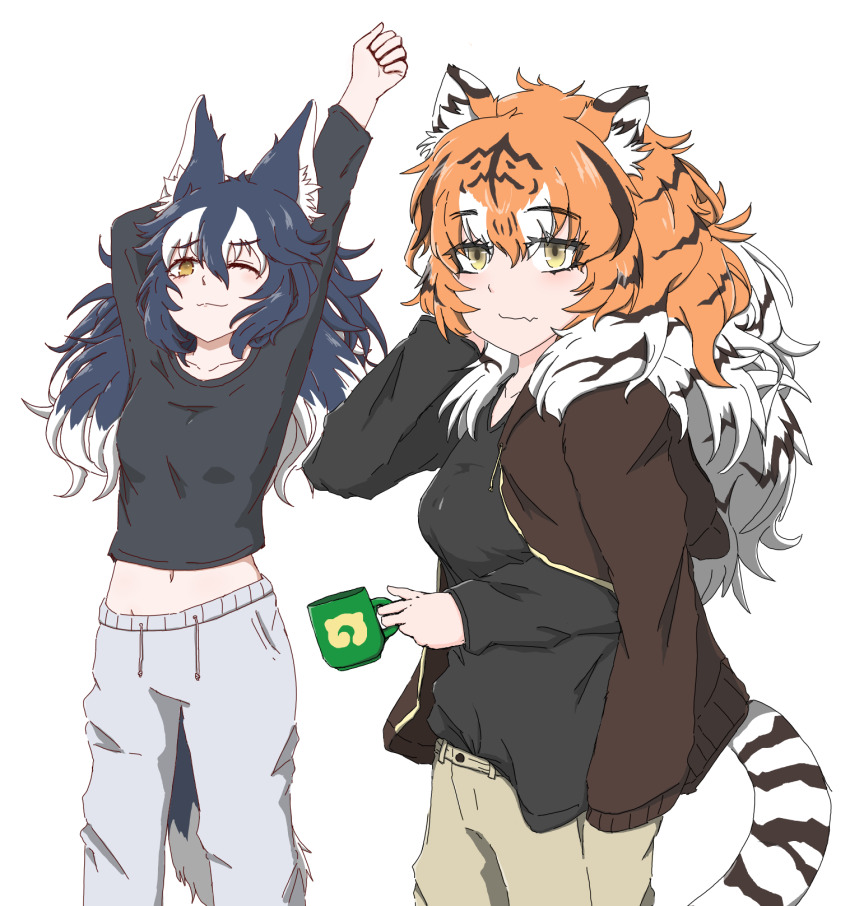2girls alternate_costume animal_ears arm_behind_head arms_up black_hair black_shirt brown_cardigan brown_pants cardigan cardigan_on_shoulders casual closed_mouth drawstring fang grey_background grey_wolf_(kemono_friends) hair_between_eyes highres kemono_friends km9kcaxsbjnmmyw legs_apart long_sleeves looking_at_viewer messy_hair midriff_peek multicolored_hair multiple_girls navel one_eye_closed open_cardigan open_clothes orange_hair pants shirt siberian_tiger_(kemono_friends) simple_background skin_fang standing stomach stretching tail tiger_ears tiger_girl tiger_tail track_pants two-tone_hair white_hair wolf_ears wolf_girl wolf_tail yellow_eyes