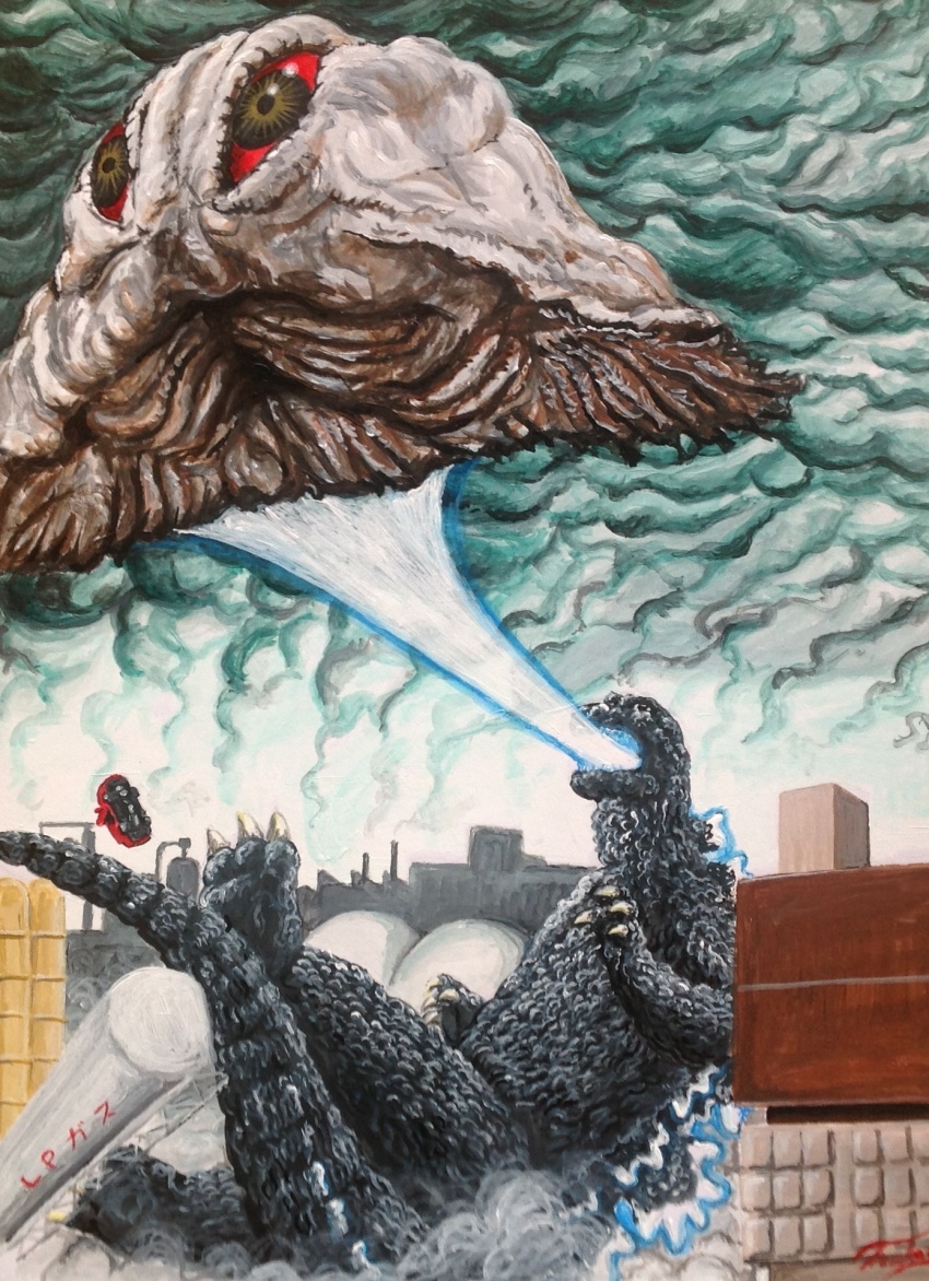 alien atomic_breath breath_weapon colored_sclera day dinosaur dust energy energy_beam flying fog glowing godzilla godzilla_(series) godzilla_vs._hedorah hedorah highres kaiju mouth_beam no_humans oil_refinery pollution red_eyes red_sclera slime_(creature) smog smoke tail thermacabe toho yellow_eyes