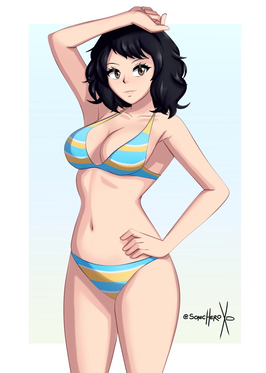 1girl absurdres bikini black_hair border breasts brown_eyes commentary english_commentary highres kawakami_sadayo looking_at_viewer mature_female medium_breasts navel no_shirt official_alternate_costume persona persona_5 short_hair signature smile solo sonicheroxd swimsuit