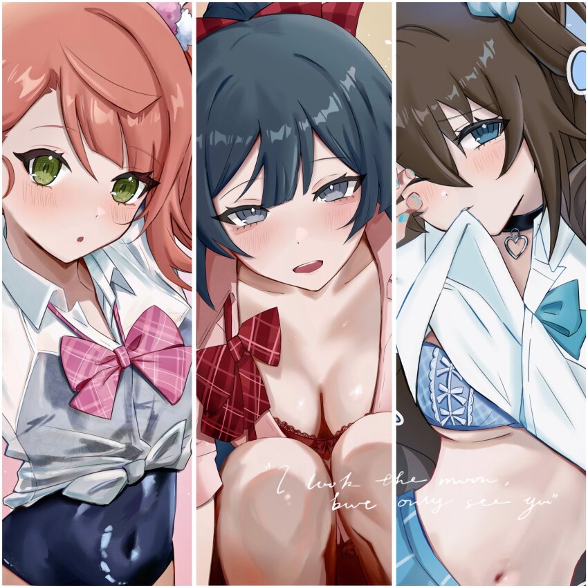 3girls :d absurdres adapted_costume arms_up black_choker black_hair black_one-piece_swimsuit blue_background blue_bow blue_bowtie blue_bra blue_eyes blue_scrunchie blue_skirt blush bow bowtie bra breasts brown_hair choker cleavage clothes_lift collarbone collared_shirt commentary_request covered_navel double-parted_bangs dress_shirt english_text green_eyes grey_eyes gyaru hair_bow hair_ornament hair_scrunchie half_updo heart heart_choker highres kogal lace lace-trimmed_bra lace_trim lifting_own_clothes long_hair long_sleeves looking_at_viewer loose_bowtie love_live! love_live!_nijigasaki_high_school_idol_club medium_breasts medium_hair mouth_hold multiple_girls navel official_alternate_costume one-piece_swimsuit one_side_up open_clothes open_mouth open_shirt orange_hair osaka_shizuku parted_lips pillarboxed pink_background pink_shirt plaid_bow plaid_bowtie plaid_clothes plaid_skirt pleated_skirt recording red_bow red_bowtie red_bra red_skirt school_swimsuit school_uniform scrunchie see-through_clothes see-through_shirt shirt shirt_lift short_sleeves side_ponytail simple_background skirt smile stomach strapless strapless_bra swept_bangs swimsuit swimsuit_under_clothes teeth tied_shirt uehara_ayumu underboob underwear undone_bowtie upper_body upper_teeth_only viewfinder white_shirt yano_(merico_jp) yuki_setsuna