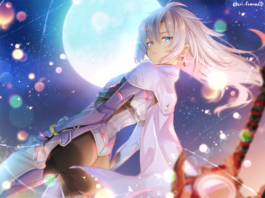 1girl a_(xenoblade) armored_bodysuit ass blue_eyes breasts cape closed_mouth collared_cape core_crystal_(xenoblade) earrings expressionless glowing glowing_earrings grey_cape grey_hair hair_between_eyes highres jewelry long_hair looking_at_viewer messy_hair monado monado_fencer single_earring small_breasts solo sword ui_frara weapon xenoblade_chronicles_(series) xenoblade_chronicles_3 xenoblade_chronicles_3:_future_redeemed