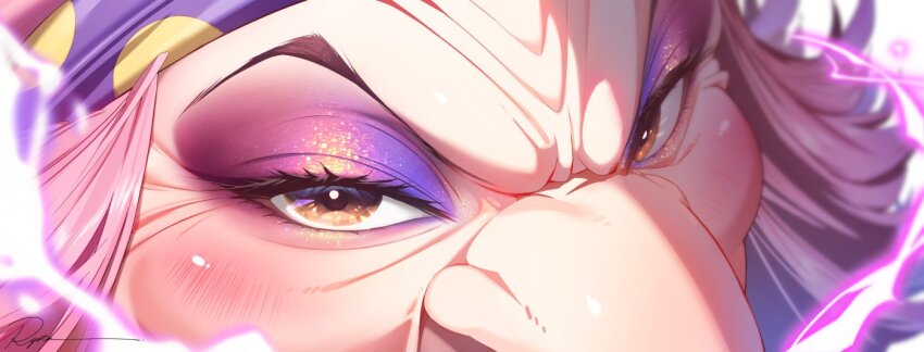 1girl big_nose blush charlotte_linlin electricity eyeshadow gold_eyeshadow hashtag-only_commentary long_hair looking_at_viewer makeup old old_woman one_piece pink_eyeshadow pink_hair purple_eyeshadow ryota_(ry_o_ta) solo v-shaped_eyebrows
