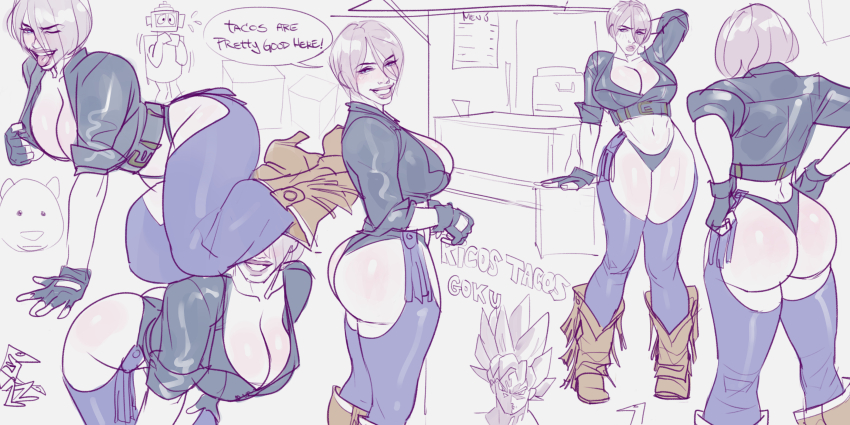 1girl absurdres angel_(kof) ass backless_pants blue_eyes blush boots bra breasts cameo chaps cleavage closed_mouth cowboy_boots crop_top cropped_jacket curvy english_text fingerless_gloves fingernails gloves hair_between_eyes hair_over_one_eye highres jacket large_breasts leather leather_jacket lips long_sleeves looking_at_viewer midriff multiple_views navel open_mouth panties pants saigalisk short_hair simple_background sketch smile son_goku speech_bubble standing strapless strapless_bra super_saiyan super_saiyan_1 teeth the_king_of_fighters the_king_of_fighters_xiv thick_lips thick_thighs thighs toned toned_female underwear white_background white_hair