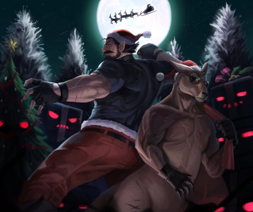 1boy animal beard belt black_belt black_gloves boots christmas christmas_tree closed_mouth facial_hair fingerless_gloves full_moon gloves hat highres holding holding_sack kangaroo male_focus moon muscular muscular_male mustache night night_sky on_(isk1812) original outdoors pants red_pants sack santa_hat sky sunglasses