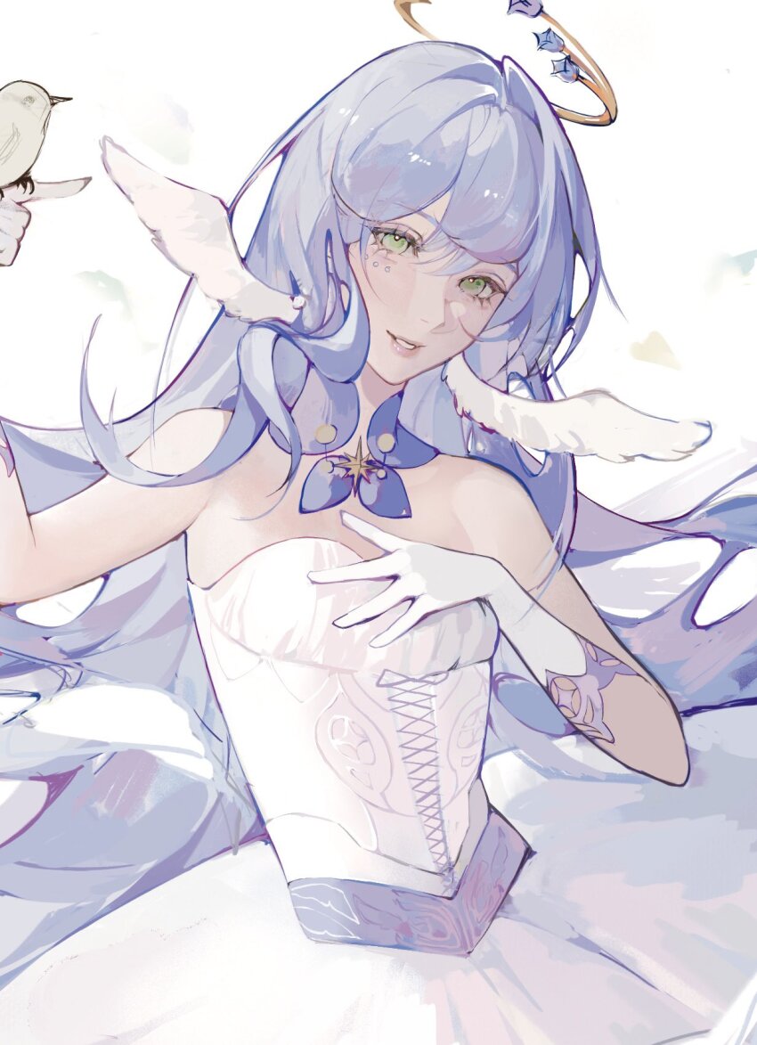 1girl alternate_costume ballerina bare_shoulders bird bird_on_hand collar dress earrings eight-pointed_star face_jewel gloves gold_halo green_eyes hand_on_own_chest head_wings highres honkai:_star_rail honkai_(series) jewelry long_hair looking_at_viewer pearl_earrings purple_collar robin_(honkai:_star_rail) smile strapless strapless_dress sumi_(suumiko_) tutu unfinished upper_body white_background white_gloves white_wings wings