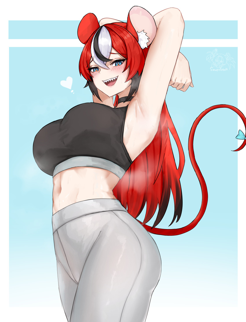 1girl absurdres alternate_costume animal_ears armpits arms_up black_choker black_hair black_sports_bra blue_bow blue_eyes bow breasts choker commentary commission english_commentary hakos_baelz heart highres hololive hololive_english large_breasts long_hair mouse_ears mouse_girl mouse_tail multicolored_hair navel pants presenting_armpit red_hair solo soup_(soupysoull) sports_bra streaked_hair tail tail_bow tail_ornament virtual_youtuber white_hair white_pants yoga_pants