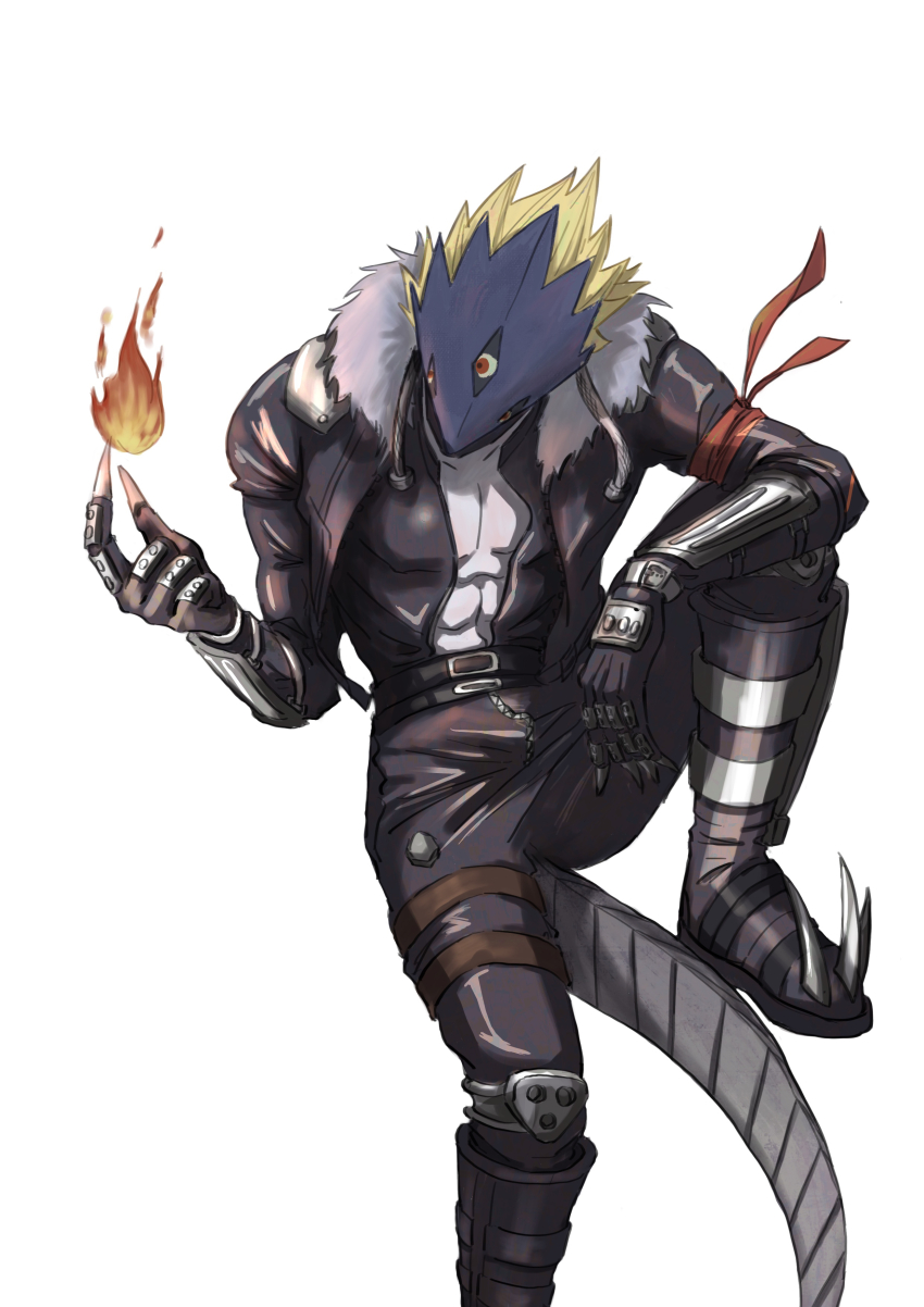 1boy absurdres arm_on_knee bandana bandana_around_arm beelzebumon belt black_belt black_boots black_gloves black_jacket black_pants blonde_hair boots claws colored_skin demon demon_boy digimon digimon_(creature) fire foot_out_of_frame from_above fur-trimmed_jacket fur_trim gloves grey_skin head_down helmet highres holding_flame invisible_chair jacket knee_boots knee_pads leather leather_belt leather_gloves leather_jacket leather_pants looking_at_fire looking_at_hand looking_to_the_side male_focus mask mechanical_tail melonmelon0303 monster_boy multiple_belts open_clothes open_jacket open_shirt pants pyrokinesis red_bandana red_eyes short_hair simple_background sitting solo spiked_boots spiked_hair tail third_eye vambraces white_background white_trim
