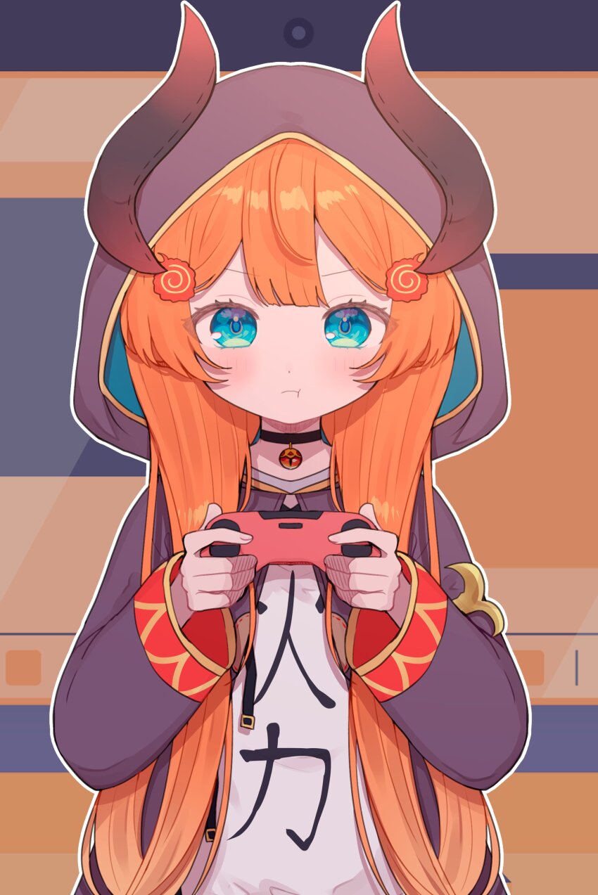 1girl :t absurdres black_choker blue_eyes blush brown_background center-flap_bangs choker closed_mouth commentary commission controller double-parted_bangs english_commentary fake_horns game_controller gem hair_ornament hair_over_shoulder hands_up hatching_(texture) highres hitsugi_miki holding holding_controller holding_game_controller hood hood_up hooded_robe horns linear_hatching long_hair long_sleeves looking_at_viewer miki_hitsugi multicolored_background open_clothes open_robe orange_hair outline pendant_choker pout print_shirt purple_background purple_robe red_gemstone red_trim riiit44 robe second-party_source shirt skeb_commission solo specialite_(company) specialite_en straight-on thick_eyelashes two-sided_fabric two-sided_robe upper_body v-shaped_eyebrows virtual_youtuber white_outline white_shirt