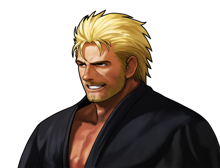 1boy alternate_costume beard blonde_hair brown_eyes buriki_one colored_eyelashes dougi facial_hair karate_gi looking_to_the_side male_focus mature_male mr._karate_ii muscular muscular_male neo_geo_battle_coliseum official_art ogura_eisuke open_mouth pectoral_cleavage pectorals portrait ryou_sakazaki ryuuko_no_ken short_hair sideburns simple_background smile snk solo teeth white_background