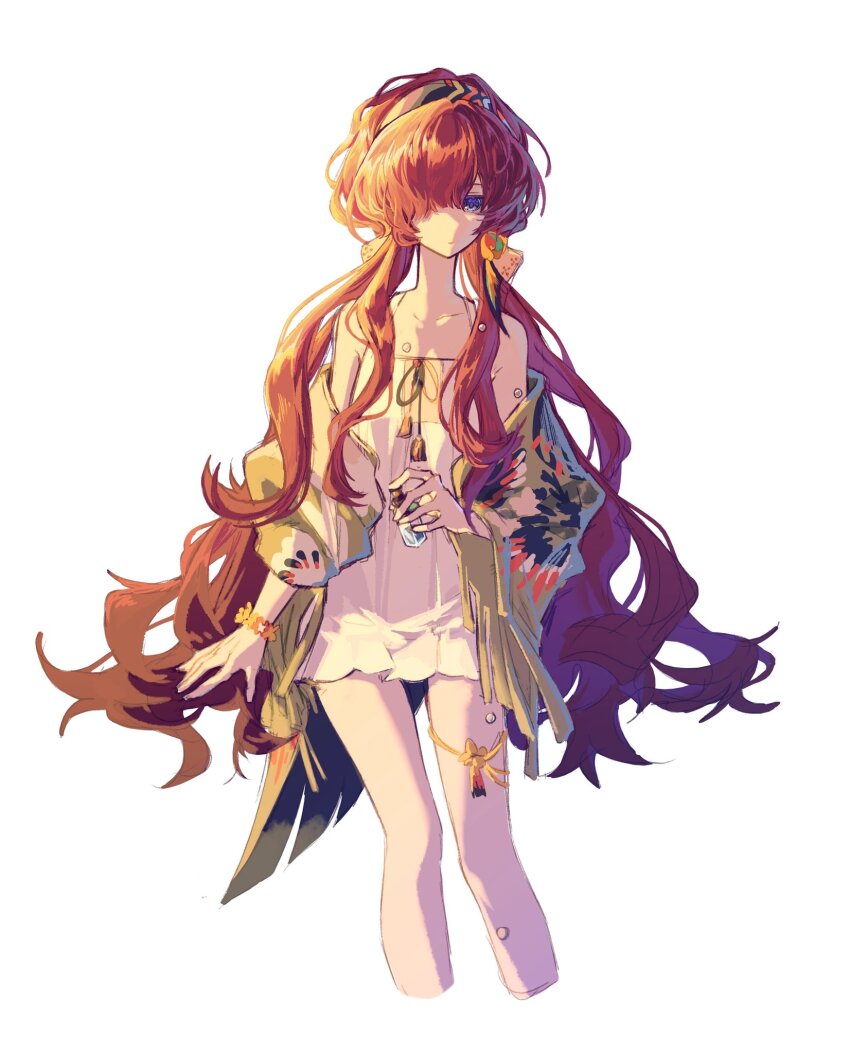 1girl bare_shoulders blue_eyes bow capelet cropped_legs dress feet_out_of_frame green_capelet green_hairband hair_bow hair_over_one_eye hairband highres long_hair looking_at_viewer low_twintails official_alternate_costume one_eye_covered red_hair reverse:1999 short_dress sikhye_(ccc14t) sleeveless sleeveless_dress solo spaghetti_strap standing thigh_strap twintails very_long_hair white_background white_dress yellow_bow yenisei_(around_the_riverbend)_(reverse:1999) yenisei_(reverse:1999)