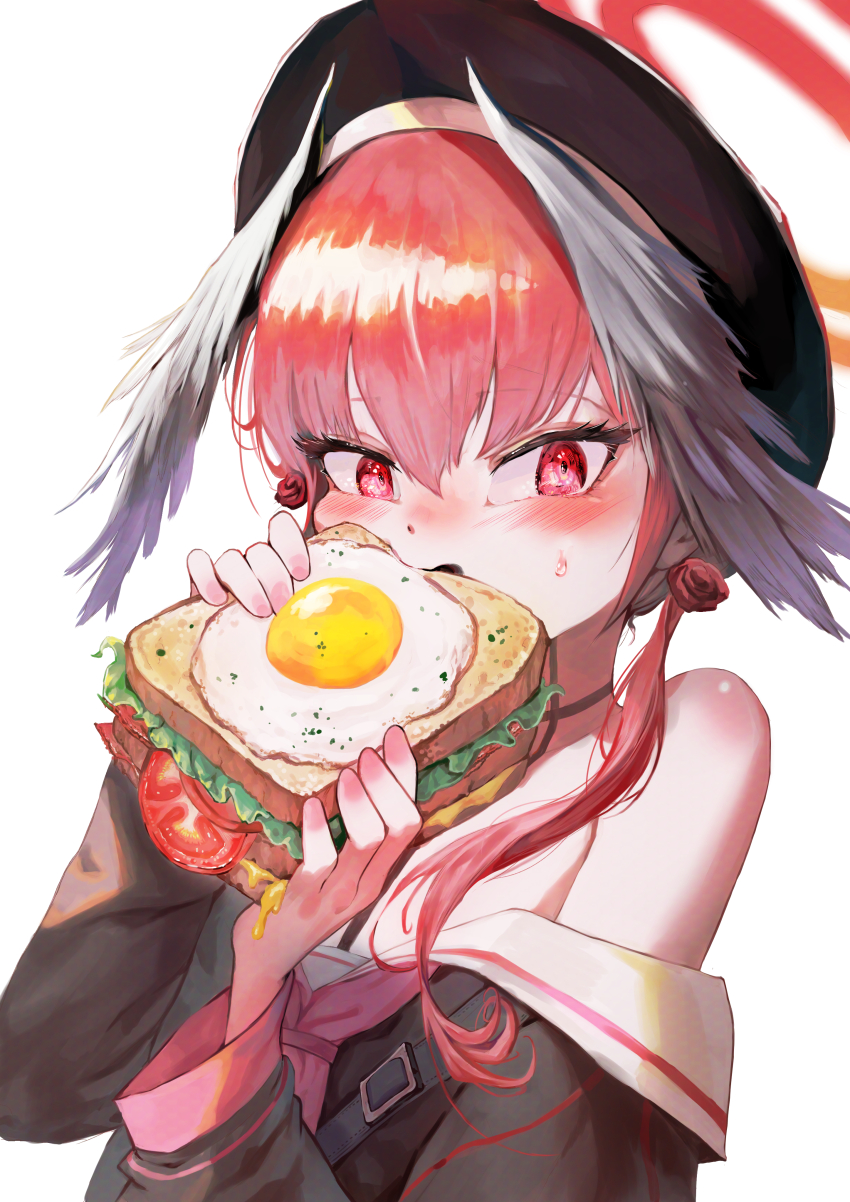 1girl absurdres black_hat black_shirt black_wings blue_archive blush cheese eating egg feather_hair_ornament feathers food hair_ornament hat highres holding holding_food holding_sandwich koharu_(blue_archive) kongaru_123 lettuce looking_at_viewer pink_eyes pink_hair pink_ribbon ribbon sailor_collar sandwich shirt single_bare_shoulder sweatdrop tomato twintails white_sailor_collar wings