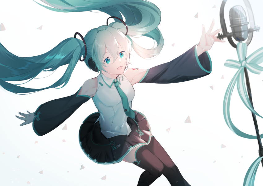 1girl :d aqua_hair black_skirt black_sleeves black_thighhighs blue_eyes collared_shirt detached_sleeves floating_hair green_necktie hair_between_eyes hair_ornament hatsune_miku hatsune_miku_(vocaloid4)_(chinese) headphones highres long_hair long_sleeves microphone_stand miniskirt necktie open_mouth outstretched_arms pleated_skirt shirt skirt sleeveless sleeveless_shirt smile solo tattoo thighhighs very_long_hair vocaloid white_background white_shirt wing_collar yaner_10 zettai_ryouiki