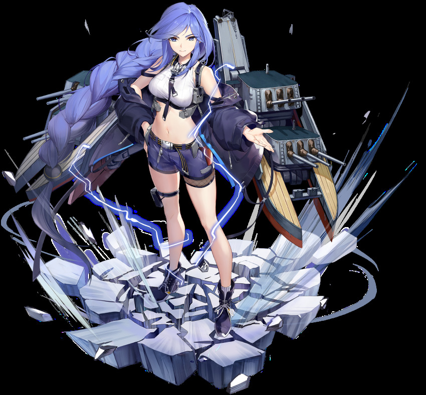1girl artist_request azur_lane bare_shoulders belt belt_pouch biloxi_(azur_lane) black_jacket blue_eyes blue_hair blue_shorts boots braid breasts cannon collared_shirt crop_top female_focus full_body hand_on_own_hip highres jacket large_breasts leg_belt long_hair long_sleeves looking_at_viewer machinery midriff navel off_shoulder official_art open_clothes open_jacket pouch puffy_sleeves ship_turret shirt short_shorts shorts single_braid sleeveless sleeveless_shirt socks solo standing stomach strap thighs transparent_background very_long_hair white_shirt