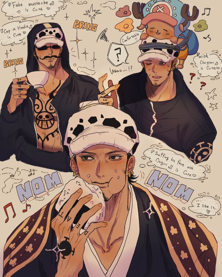 2boys ? antlers bag black_coat black_hair black_kimono coat commentary cross cup earrings eating english_commentary english_text facial_hair fake_facial_hair fake_mustache food hand_tattoo hat highres holding holding_cup hood horns japanese_clothes jewelry kimono male_focus multiple_boys musical_note mustache on_head one_piece onigiri reindeer_antlers rihirihi613 shoulder_bag sideburns speech_bubble sunglasses sweatdrop tattoo tony_tony_chopper trafalgar_law